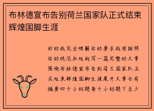 布林德宣布告别荷兰国家队正式结束辉煌国脚生涯
